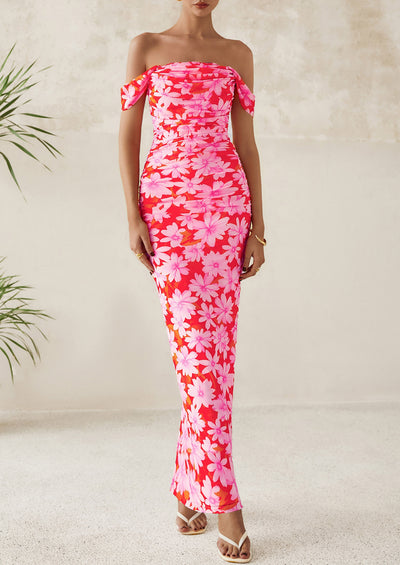 PRETTYGARDEN Maxi Dresses for Women Summer Elegant Floral Off Shoulder Ruched Mesh Cocktail Wedding Guest Dress