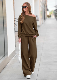 PRETTYGARDEN Womens 2 Piece Casual Matching Lounge Sets  Fashion Off the Shoulder Sweatshirt, Wide Leg Pants with Pockets, Comfy Airport Travel Outfit, 2026 Trendy Fall Set