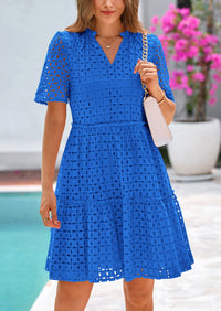 Women's Short Sleeve Mini Dress 2025 Summer V Neck Hollow Out Eyelet Ruffle A Line Swing Short Dresses