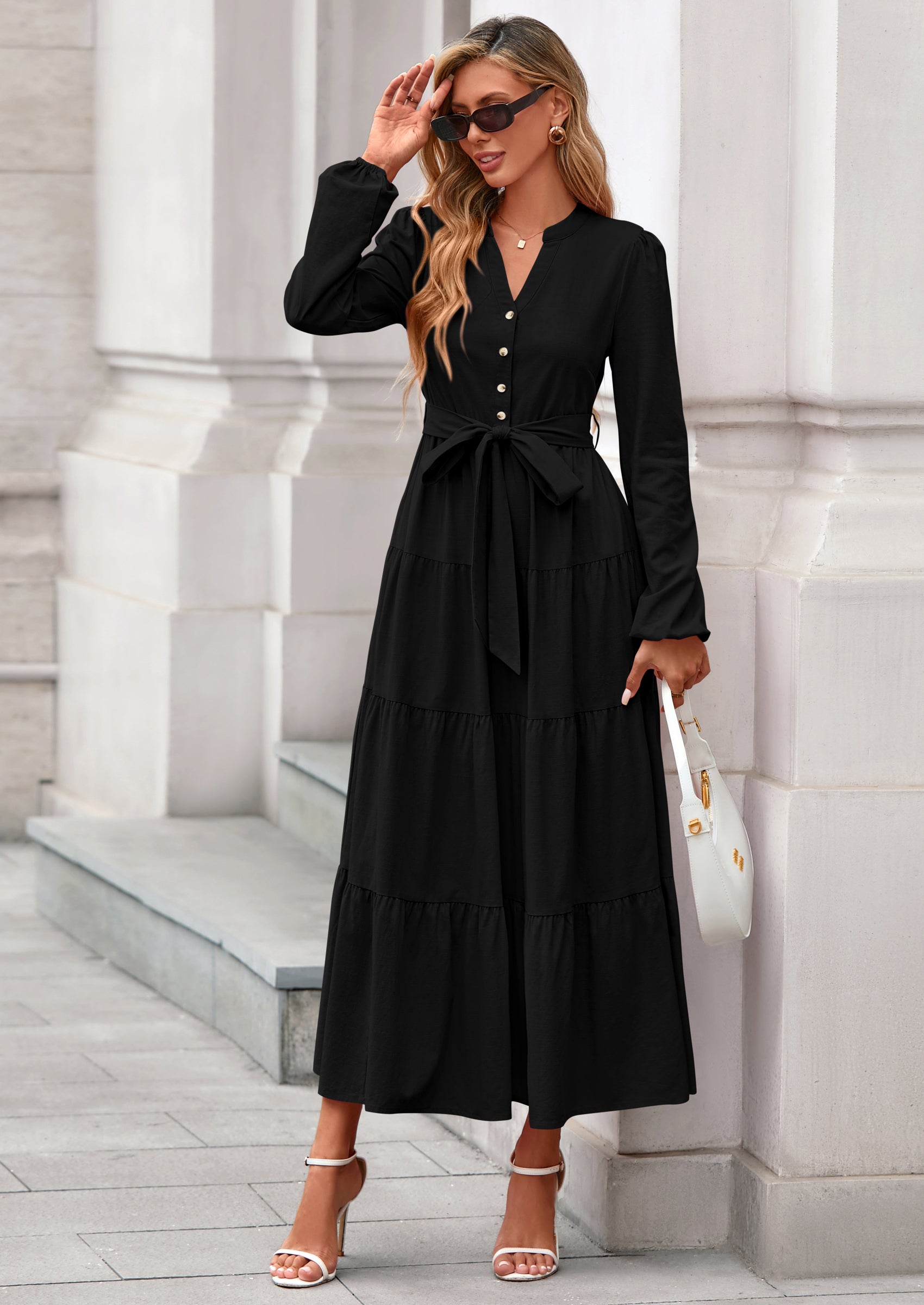 PRETTYGARDEN Fall Dresses for Women Long Sleeve V Neck Belted Ruffle A Line Flowy Boho Maxi Wedding Guest Dress Pockets