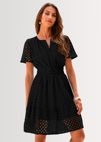 PRETTYGARDEN Women Summer Short Dress V Neck Short Sleeve A Line Hollow Out Lace Ruffle Cute Casual Beach Party Dresses