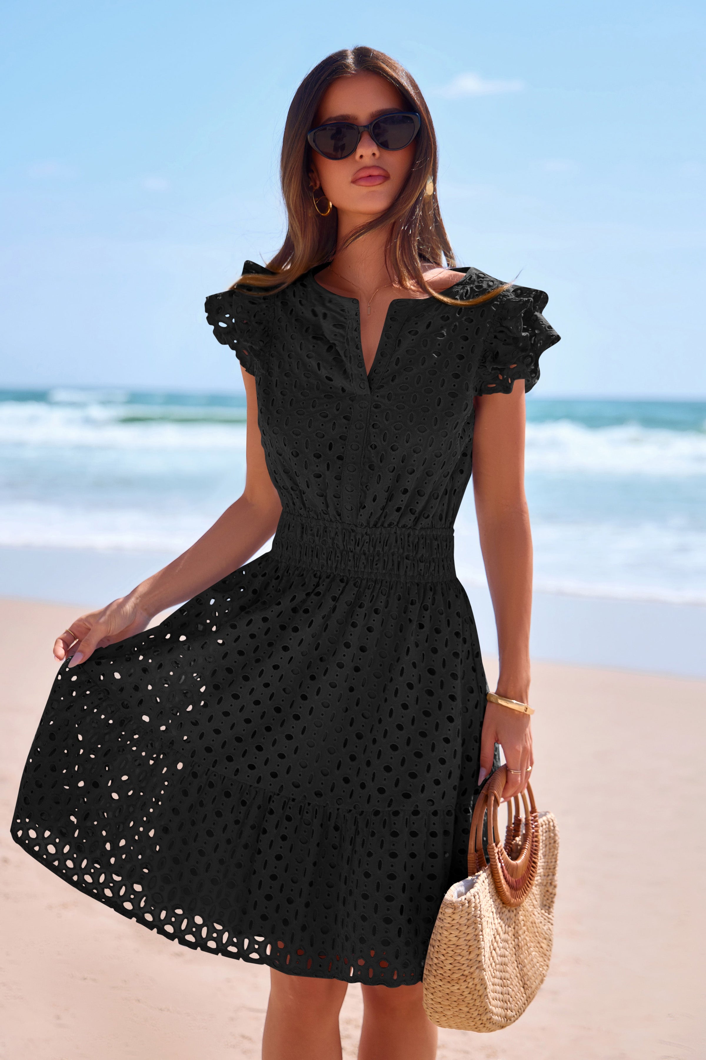 PRETTYGARDEN Women's Summer Sundresses Eyelet Cap Sleeve V Neck Short Boho Wedding Guest Dress Beach Vacation Clothes PRETTYGARDEN