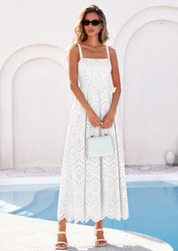 PRETTYGARDEN Womens Sleeveless Maxi Summer Dresses Hollow Out Eyelet Square Neck Ruffle Flowy Beach Vacation Sundress PRETTYGARDEN