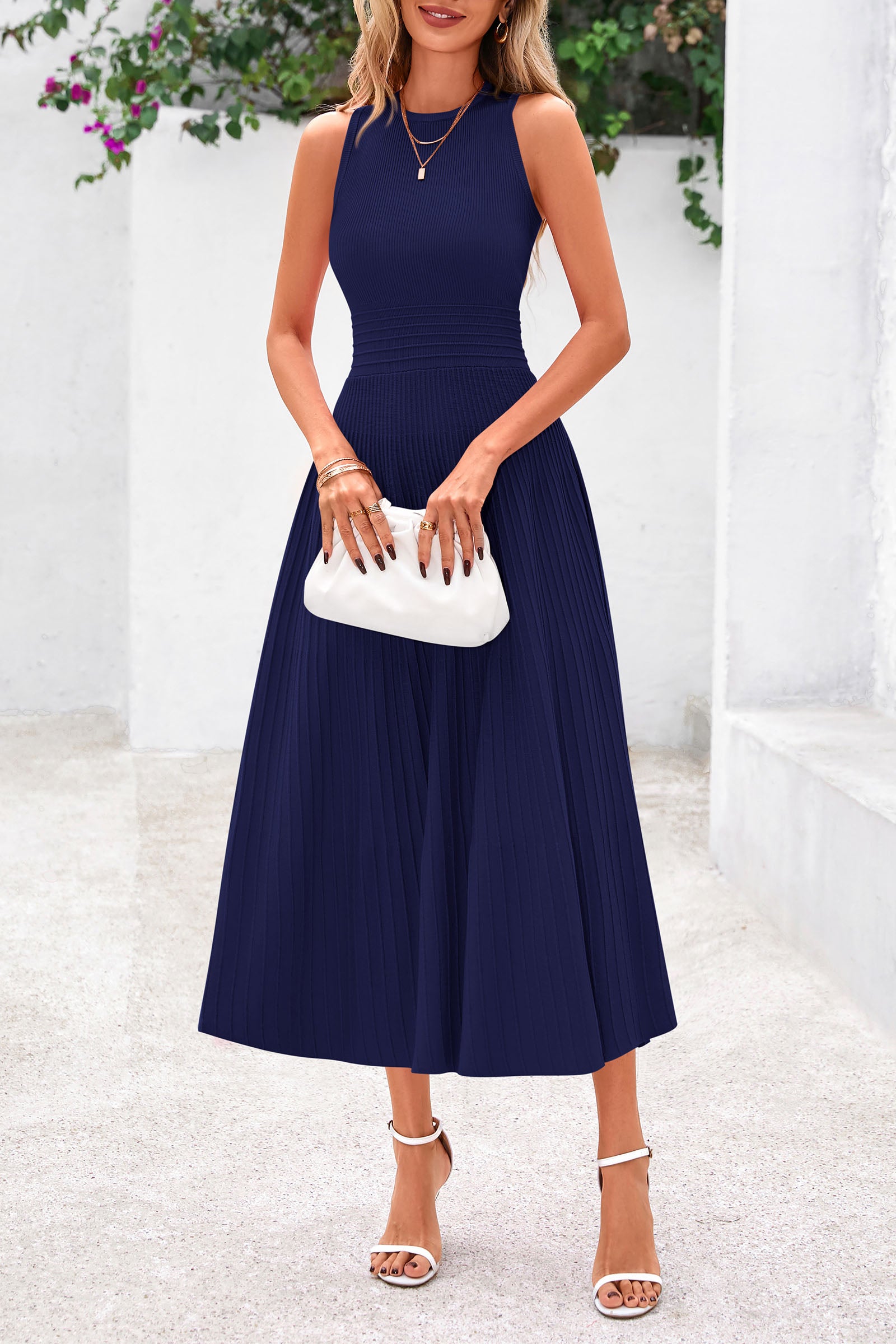 PRETTYGARDEN Spring Casual Dresses for Women Summer Business Work Midi Sleeveless A Line Pleated Cocktail Dress