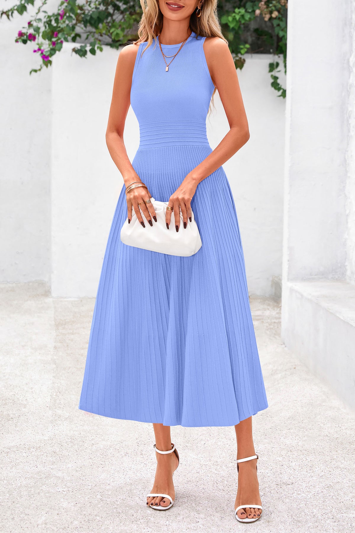 Women's Summer Midi Dresses 2025 Sleeveless Crewneck Knit A Line Pleated Swing Wedding Guest Casual Tank Dress