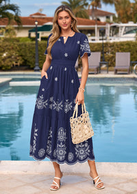 PRETTYGARDEN Boho Dresses for Women Summer Spring Casual Floral Short Sleeve V Neck Maxi Elastic Waist Dress Pockets