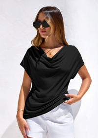 PRETTYGARDEN Blouses for Women Dressy Casual Summer Cowl Neck Short Sleeve Tops Spring Work Office Teacher Shirts PRETTYGARDEN