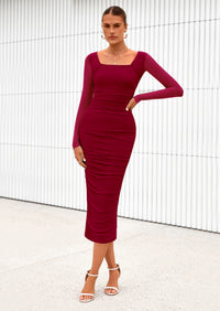 PRETTYGARDEN Midi Dresses for Women Fall Fashion Long Sleeve Ruched Bodycon Cocktail Party Wedding Guest Dress