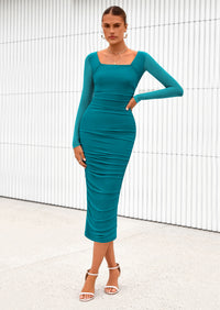 PRETTYGARDEN Midi Dresses for Women Fall Fashion Long Sleeve Ruched Bodycon Cocktail Party Wedding Guest Dress