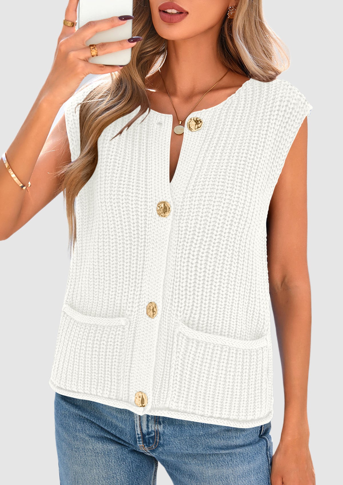 Sleeveless Button Down Cropped Chunky Knit Cardigan Trendy Tank Tops with Pockets