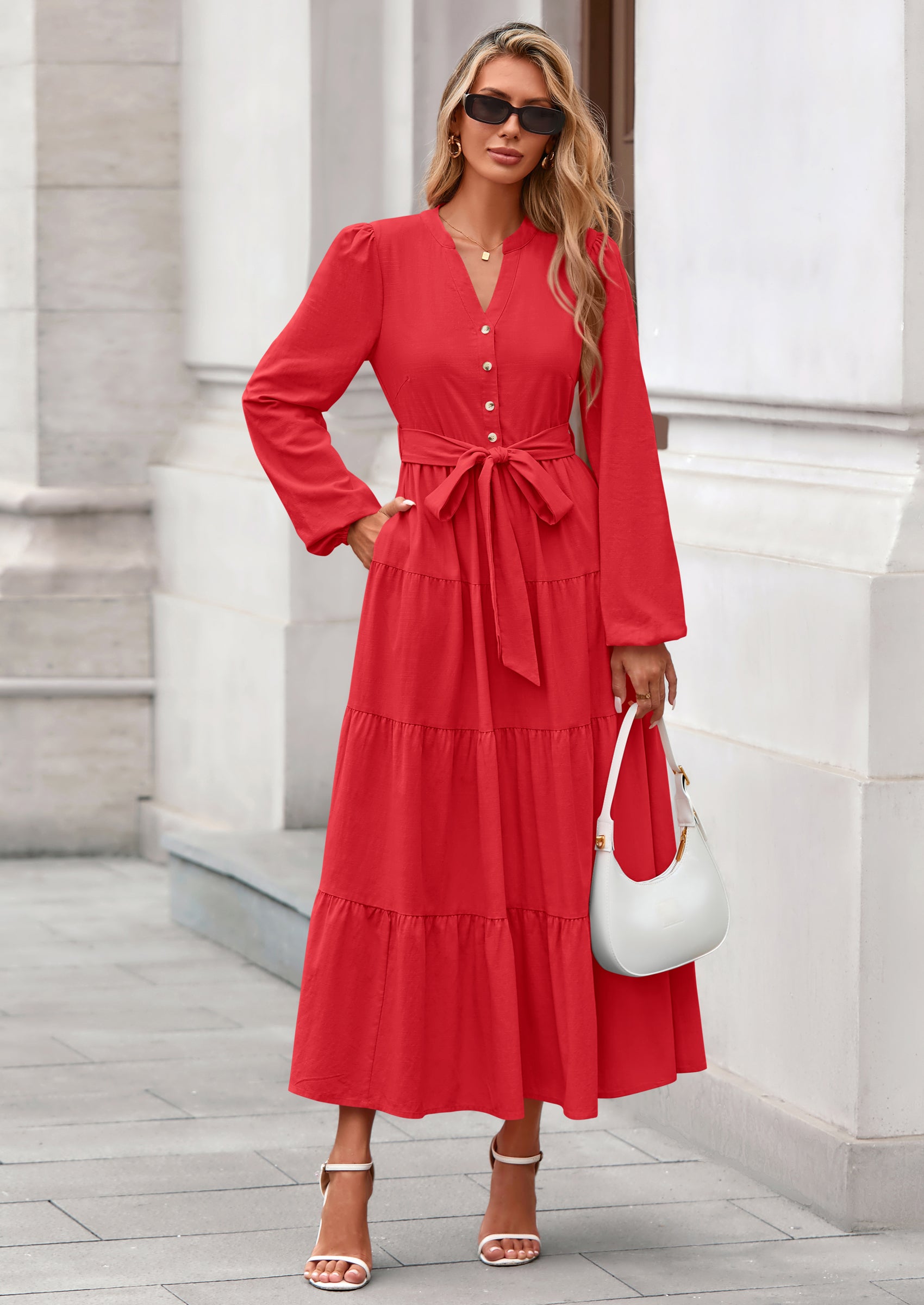 PRETTYGARDEN Fall Dresses for Women Long Sleeve V Neck Belted Ruffle A Line Flowy Boho Maxi Wedding Guest Dress Pockets