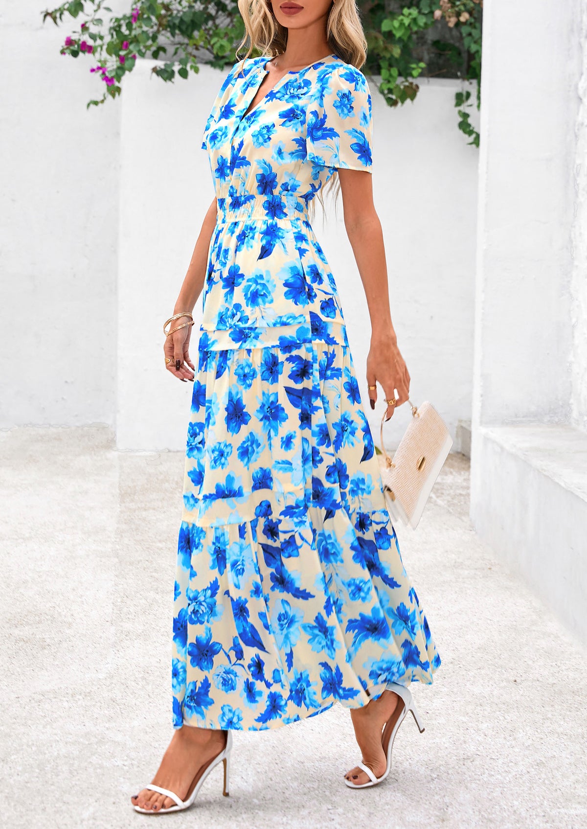 Summer Boho Floral Short Sleeve V Neck A Line Tiered Ruffle Flowy Long Beach Vacation Maxi Dresses