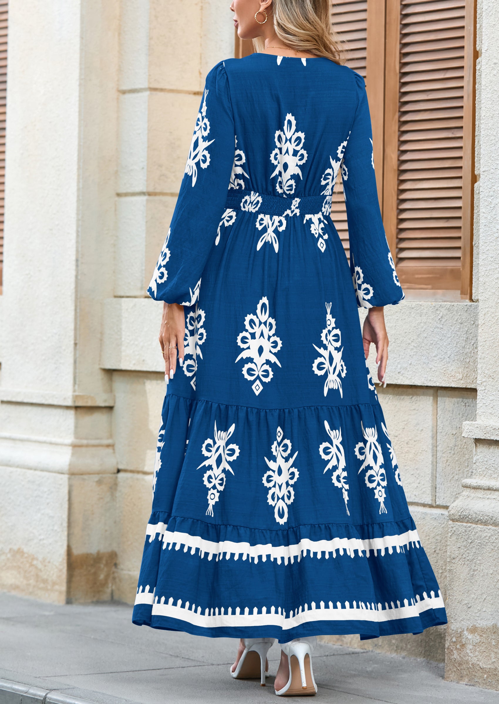 PRETTYGARDEN Women's Fall Wedding Guest Dresses Boho Floral Long Sleeve V Neck Flowy Elegant Maxi Dress Beach Clothes