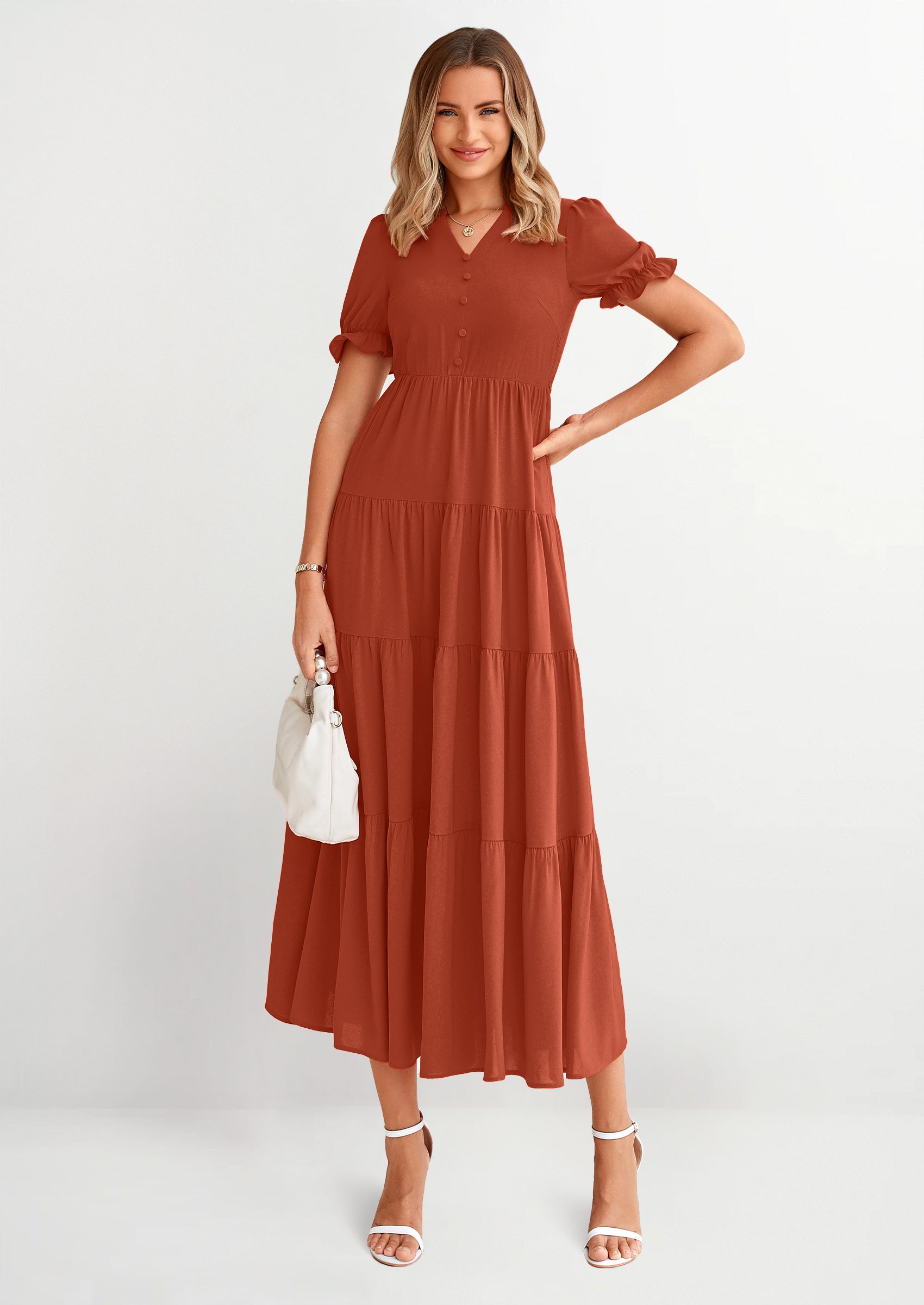 PRETTYGARDEN Women's Casual Short Sleeve V Neck Midi Dresses Spring A-line Tiered Wedding Guest Dress