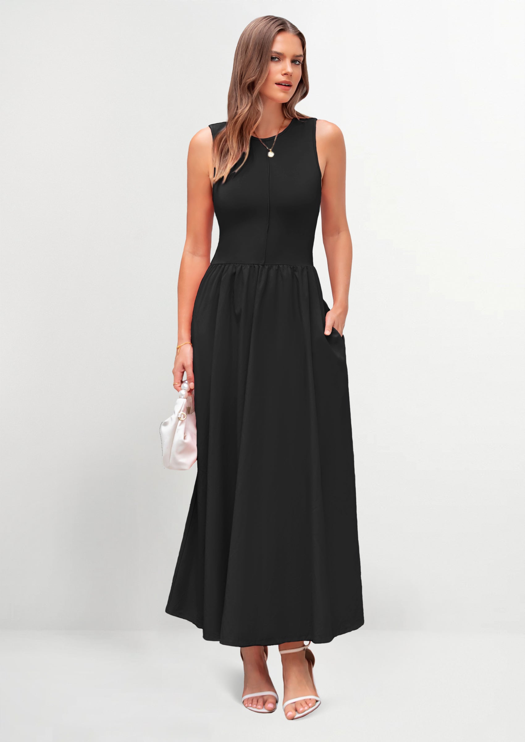 PRETTYGARDEN Women Maxi Dresses Casual Sleeveless Patchwork Knit Tank Dress Flowy Beach Sundress Long Dress