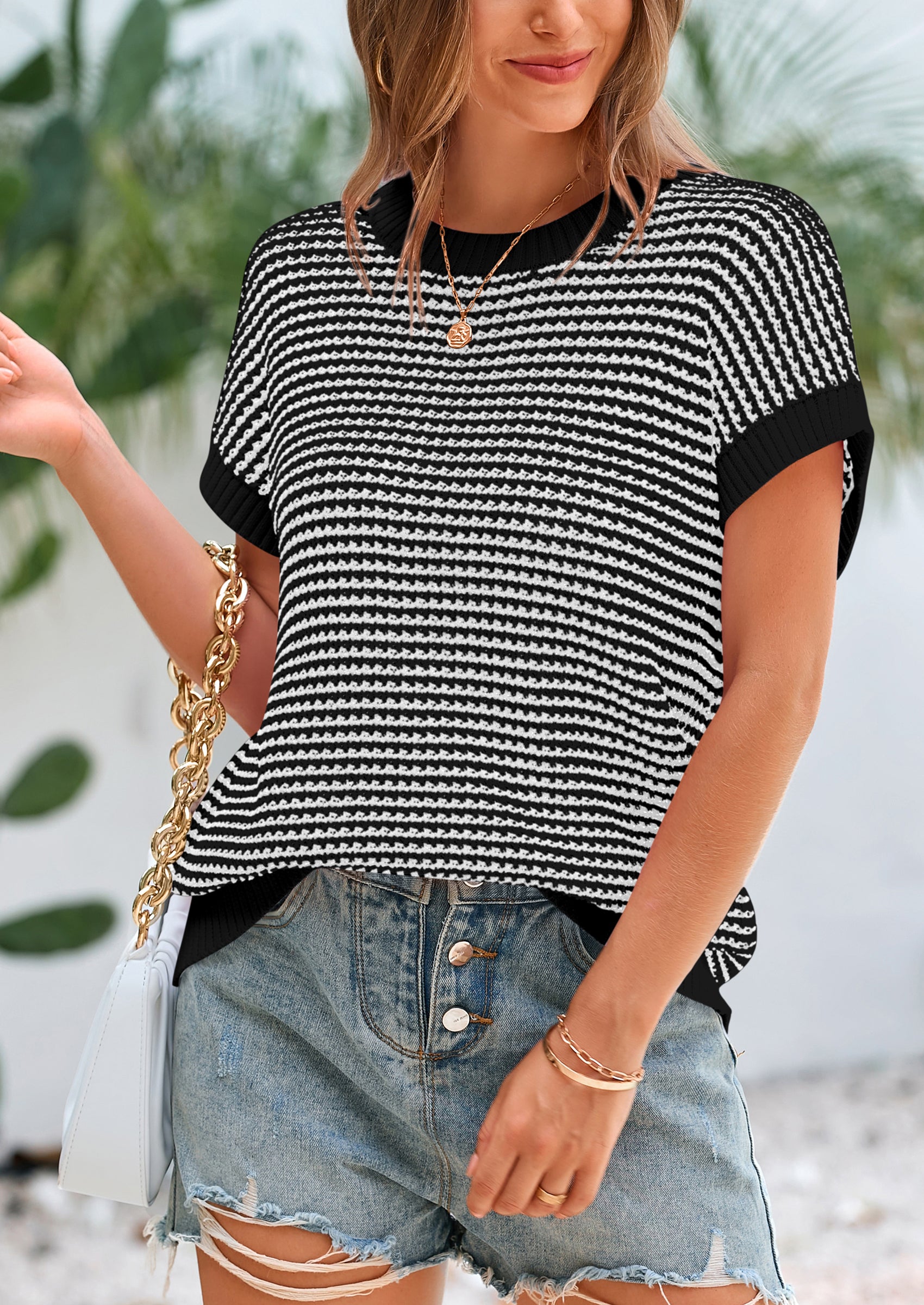 PRETTYGARDEN Womens Short Sleeve Sweater Spring Summer Round Neck Striped Pullover Cap Sleeve Knit Sweater Vest Tops