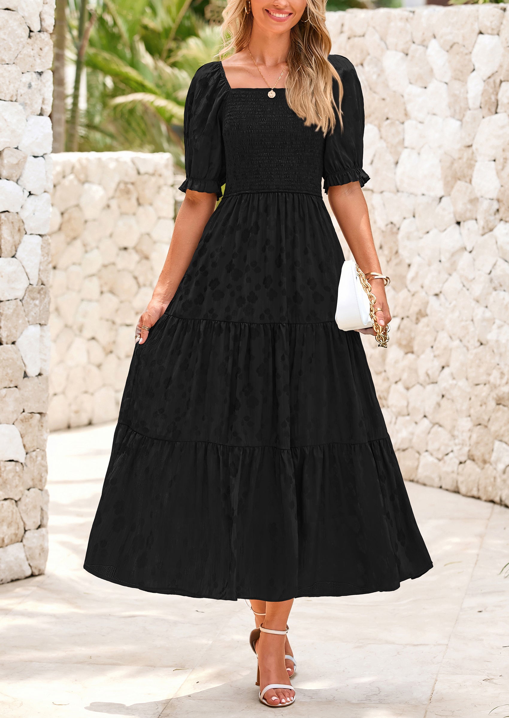 PRETTYGARDEN Women's Casual Midi Dresses Square Neck Short Sleeve Smocked A Line Floral Flowy Elegant Boho Dress