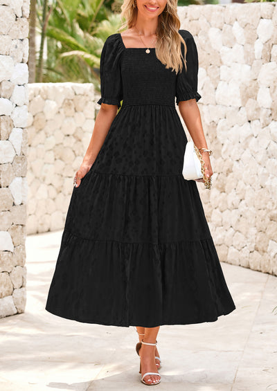 PRETTYGARDEN Women's Casual Midi Dresses Square Neck Short Sleeve Smocked A Line Floral Flowy Elegant Boho Dress