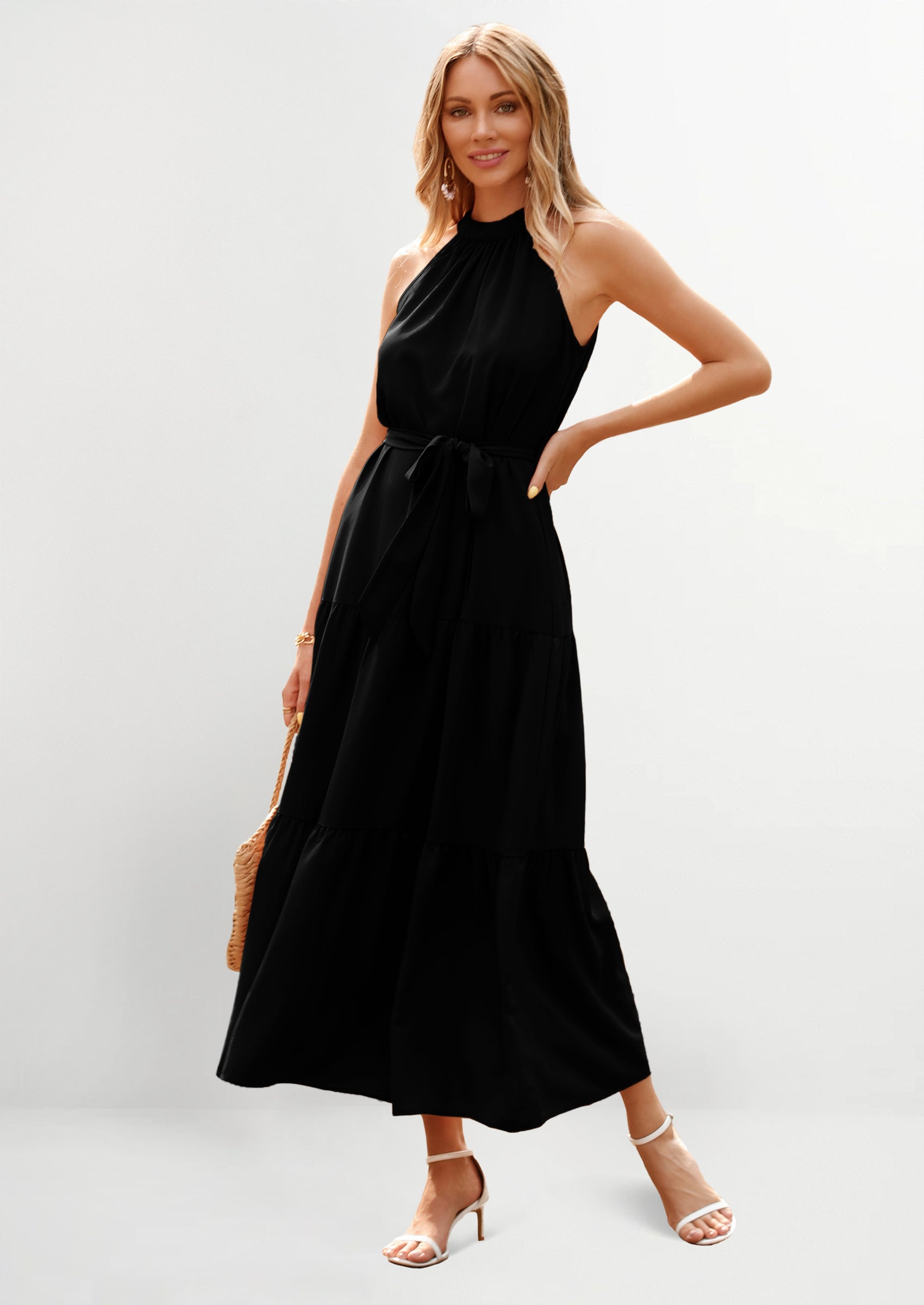 PRETTYGARDEN Women's Summer Floral Maxi Sun Dress Sleeveless Halter Neck Flowy Ruffle Hem Long Boho Dresses with Belt