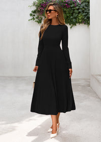 PRETTYGARDEN Women's Long Sleeve Midi Sweater Dress Fall Crewneck Knit A Line Pleated Wedding Guest Winter Dresses