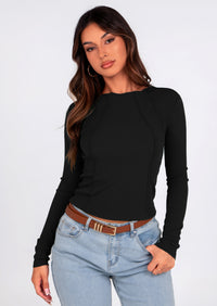 KIRUNDO Ribbed Long Sleeve Tops for Women Stretch Slim Basic Crop Tee Exposed Seams Spring Fall Fashion Trendy Tshirt