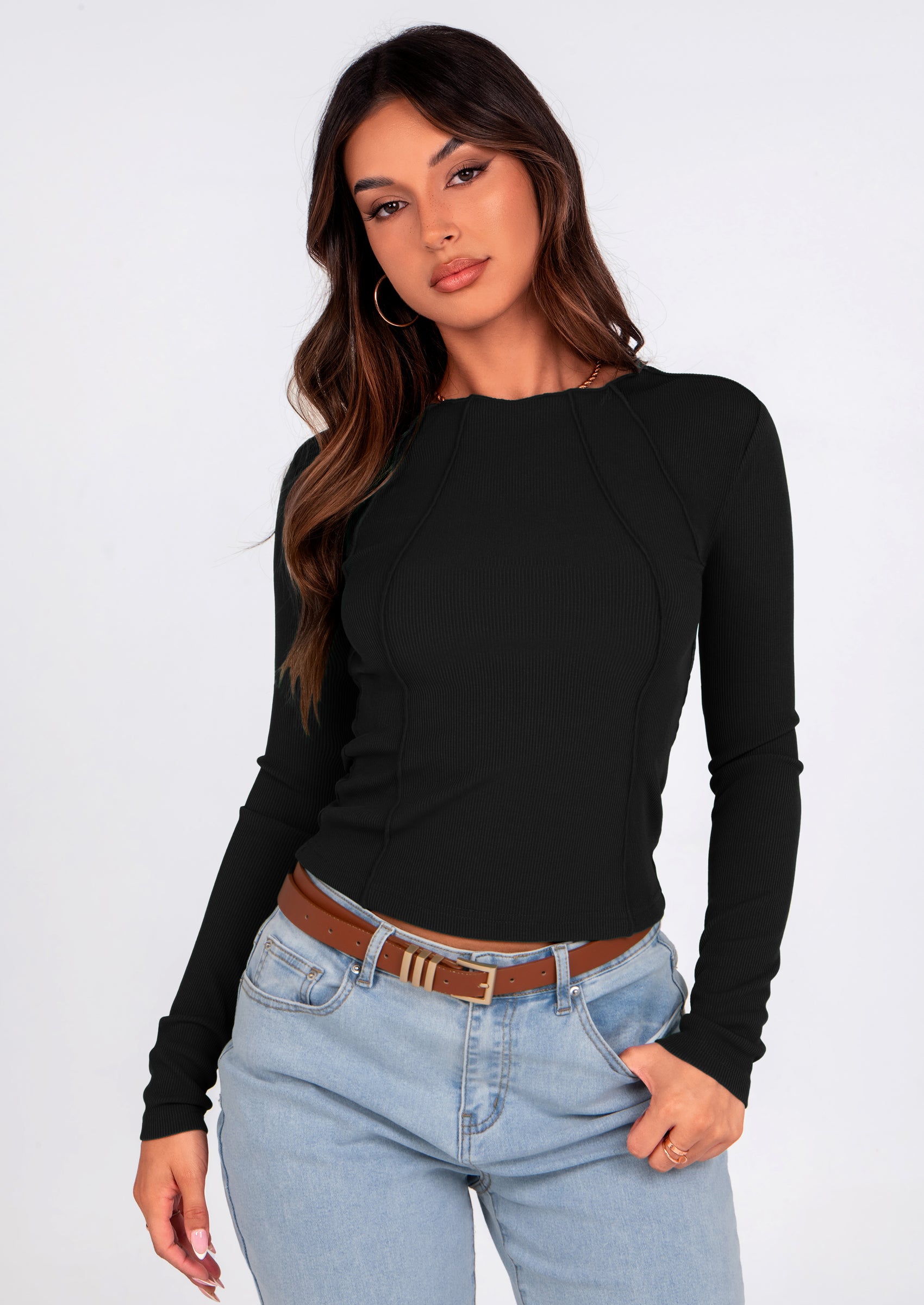KIRUNDO Ribbed Long Sleeve Tops for Women Stretch Slim Basic Crop Tee Exposed Seams Spring Fall Fashion Trendy Tshirt