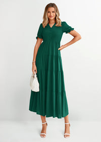 PRETTYGARDEN Women's Casual Short Sleeve V Neck Midi Dresses Spring A-line Tiered Wedding Guest Dress