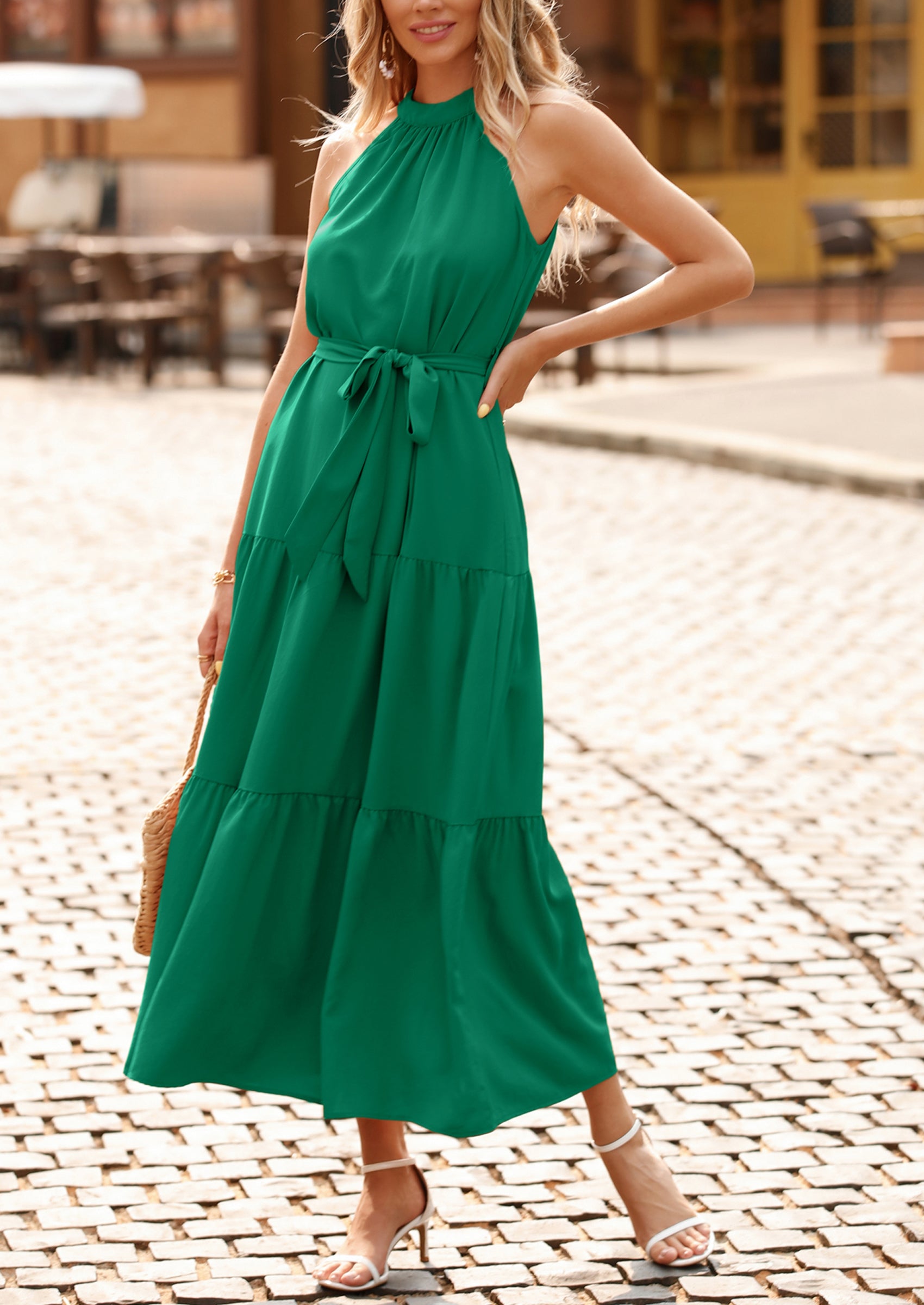 PRETTYGARDEN Women's Summer Floral Maxi Sun Dress Sleeveless Halter Neck Flowy Ruffle Hem Long Boho Dresses with Belt