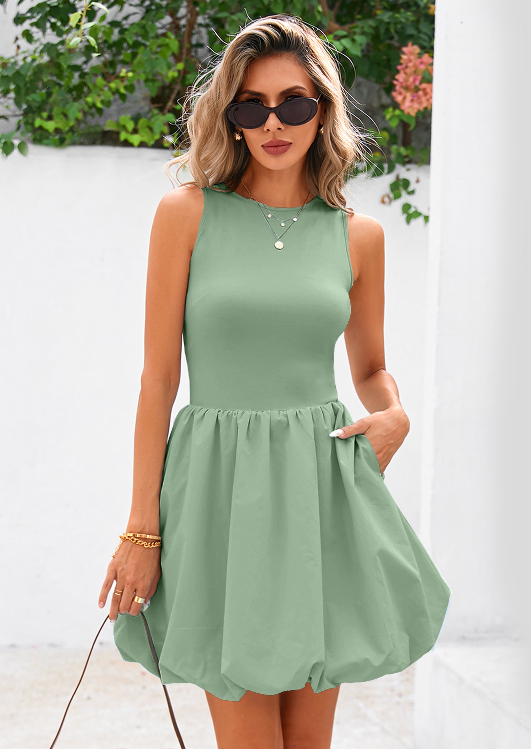 PRETTYGARDEN Summer Dresses for Women Casual Sleeveless Tank Mini Short Dress Crew Neck Bubble Sundress with Pockets