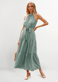 PRETTYGARDEN Women's Summer Floral Maxi Sun Dress Sleeveless Halter Neck Flowy Ruffle Hem Long Boho Dresses with Belt