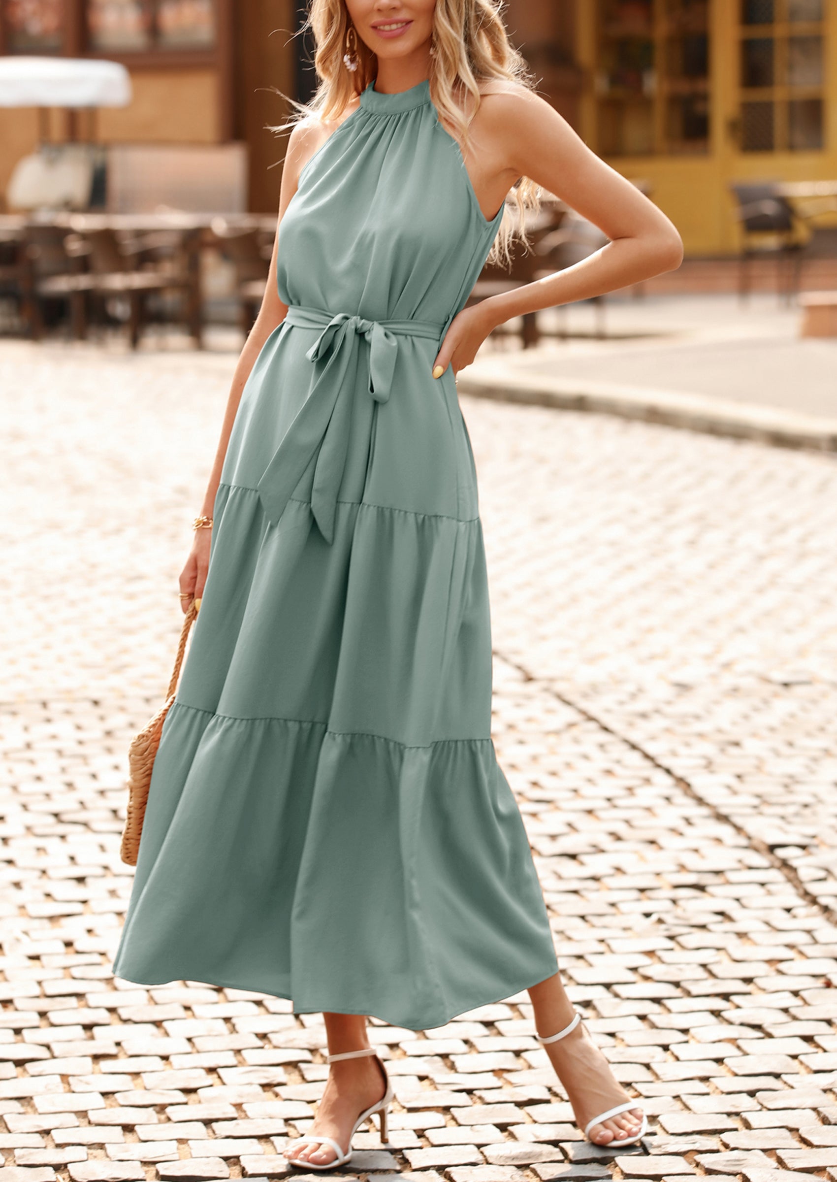 PRETTYGARDEN Women's Summer Floral Maxi Sun Dress Sleeveless Halter Neck Flowy Ruffle Hem Long Boho Dresses with Belt