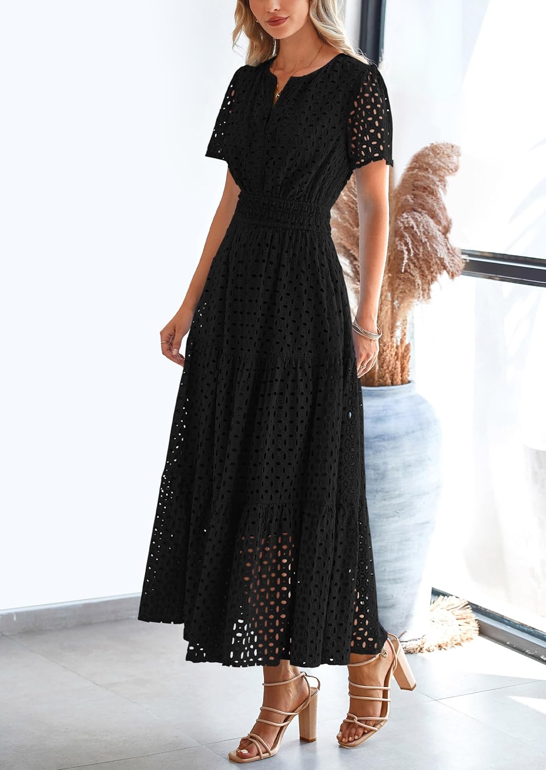 Womens 2025 Summer Maxi Dress Short Sleeve V Neck Hollow Out Eyelet A Line Long Flowy Beach Vacation Dresses