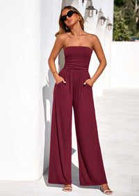 PRETTYGARDEN Womens Trendy Strapless Rompers Ruched Tube Top Wide Leg One Piece Jumpsuits Beach Vacation Summer Outfits PRETTYGARDEN