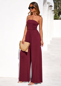 PRETTYGARDEN Womens Trendy Strapless Rompers Ruched Tube Top Wide Leg One Piece Jumpsuits Beach Vacation Summer Outfits PRETTYGARDEN