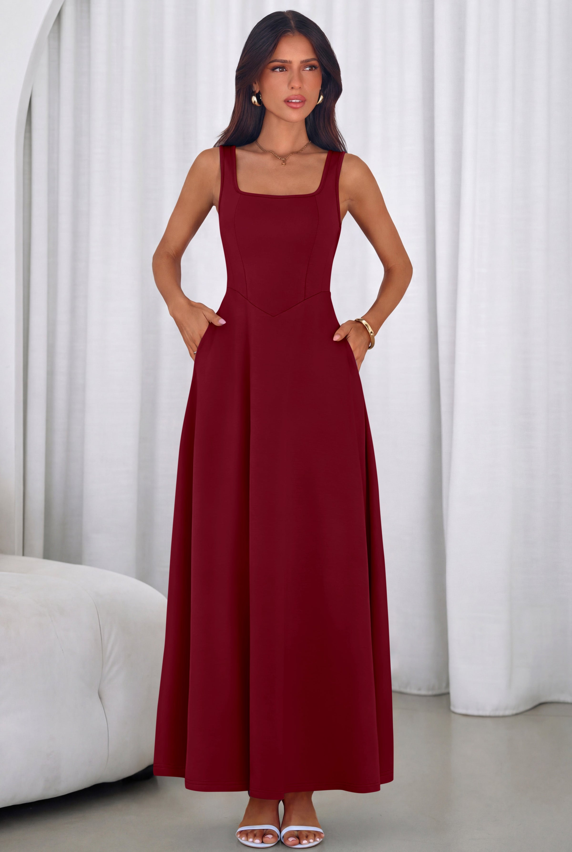 PRETTYGARDEN Womens Summer Dresses Sleeveless Elegant Square Neck Aline Swing Maxi Beach Wedding Guest Dress Pockets PRETTYGARDEN