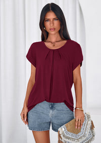 PRETTYGARDEN Summer Tops for Women Short Sleeve Crew Neck Pleated T Shirts Dressy Casual Blouses Spring Fashion Clothes PRETTYGARDEN