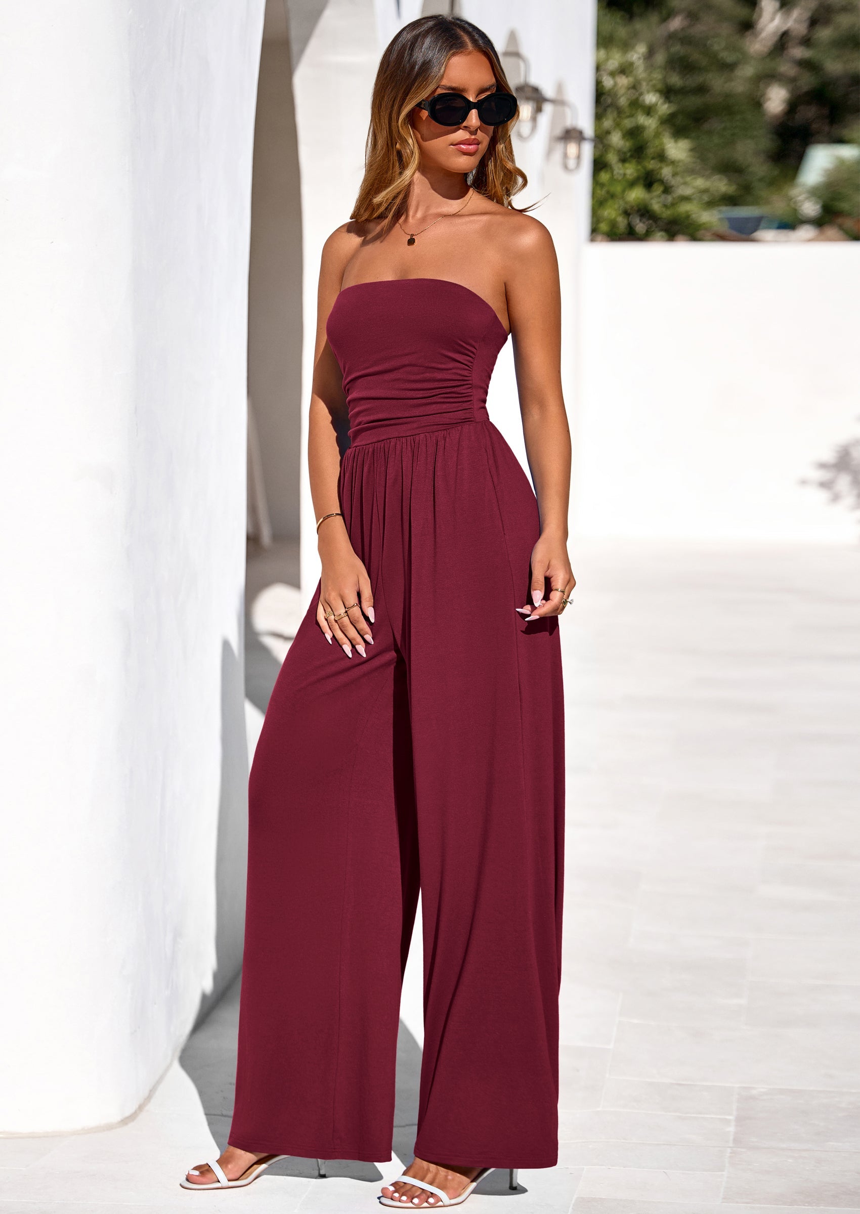 PRETTYGARDEN Womens Trendy Strapless Rompers Ruched Tube Top Wide Leg One Piece Jumpsuits Beach Vacation Summer Outfits PRETTYGARDEN