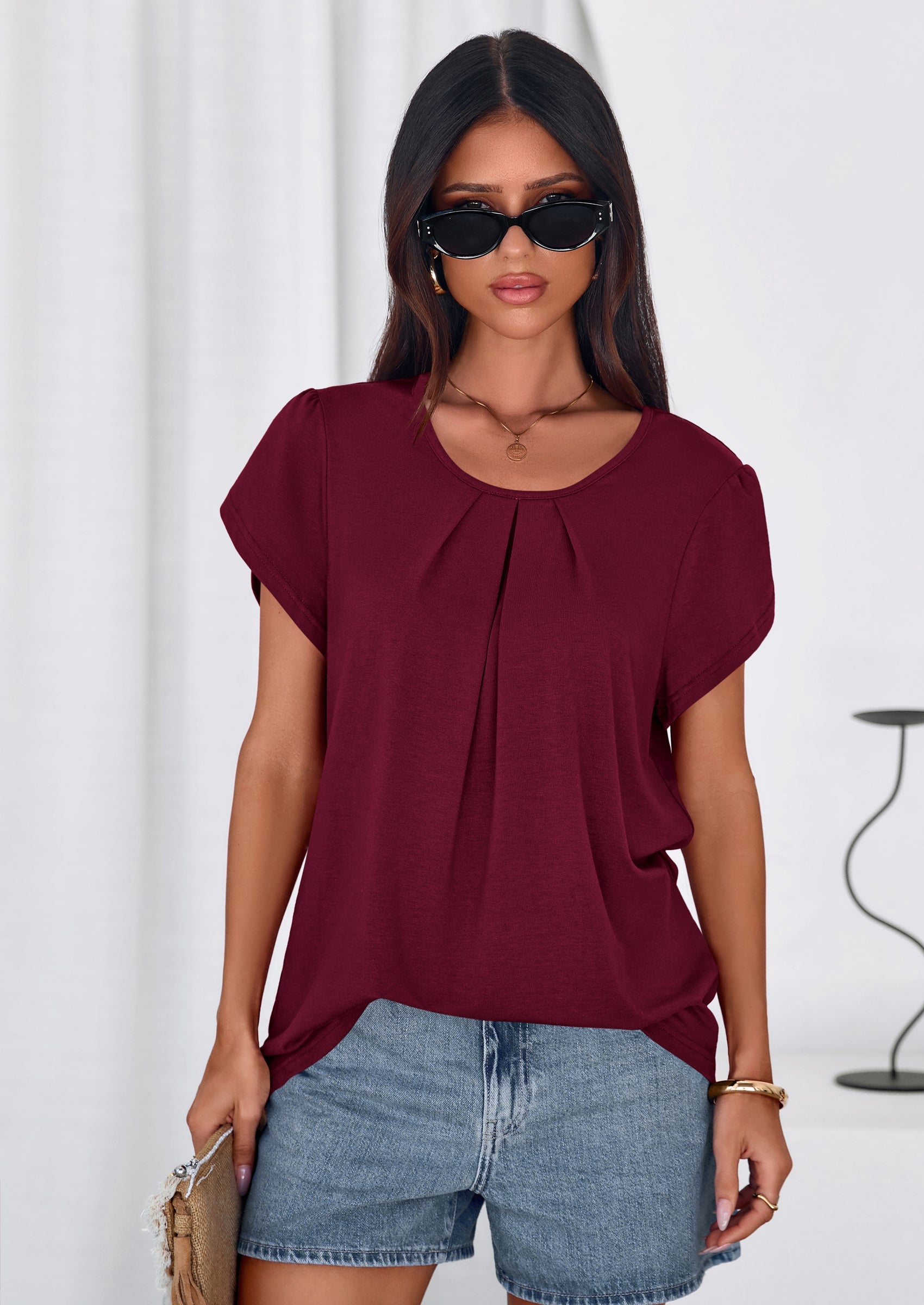 PRETTYGARDEN Summer Tops for Women Short Sleeve Crew Neck Pleated T Shirts Dressy Casual Blouses Spring Fashion Clothes PRETTYGARDEN