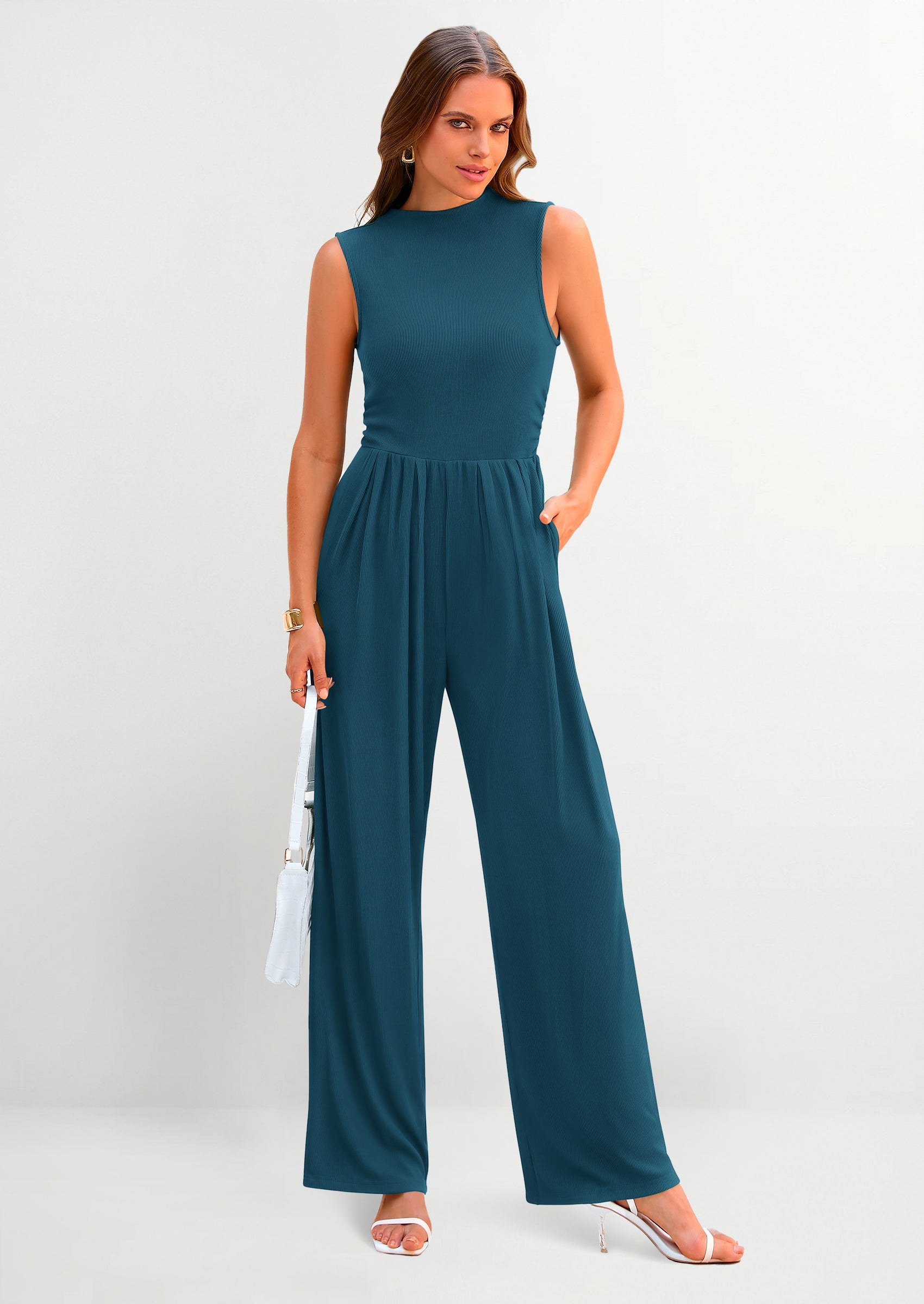 PRETTYGARDEN Womens Summer Jumpsuits Dressy Casual One Piece Outfits Sleeveless Mock Neck Wide Leg Pants Rompers with Pockets