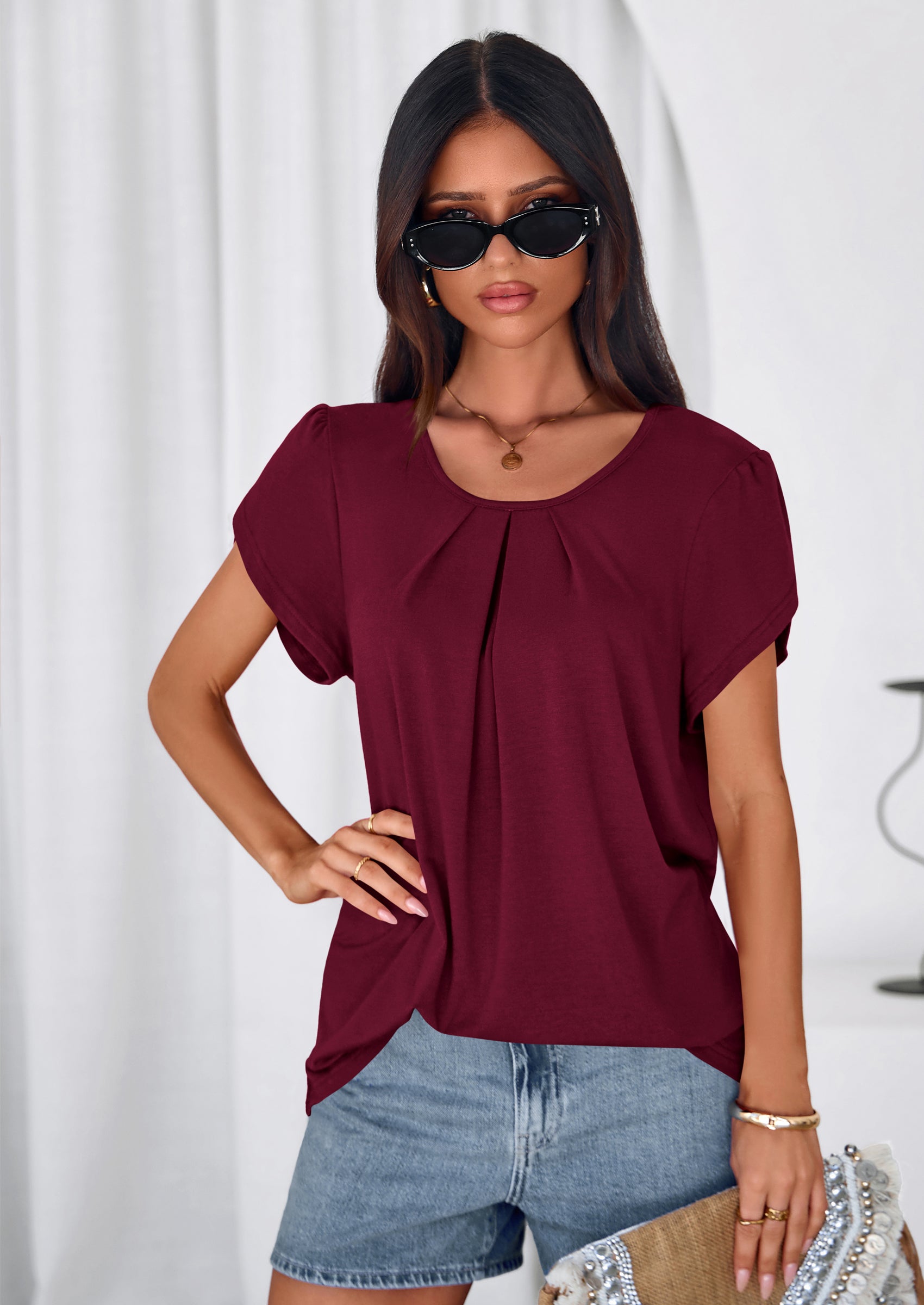 PRETTYGARDEN Summer Tops for Women Short Sleeve Crew Neck Pleated T Shirts Dressy Casual Blouses Spring Fashion Clothes PRETTYGARDEN