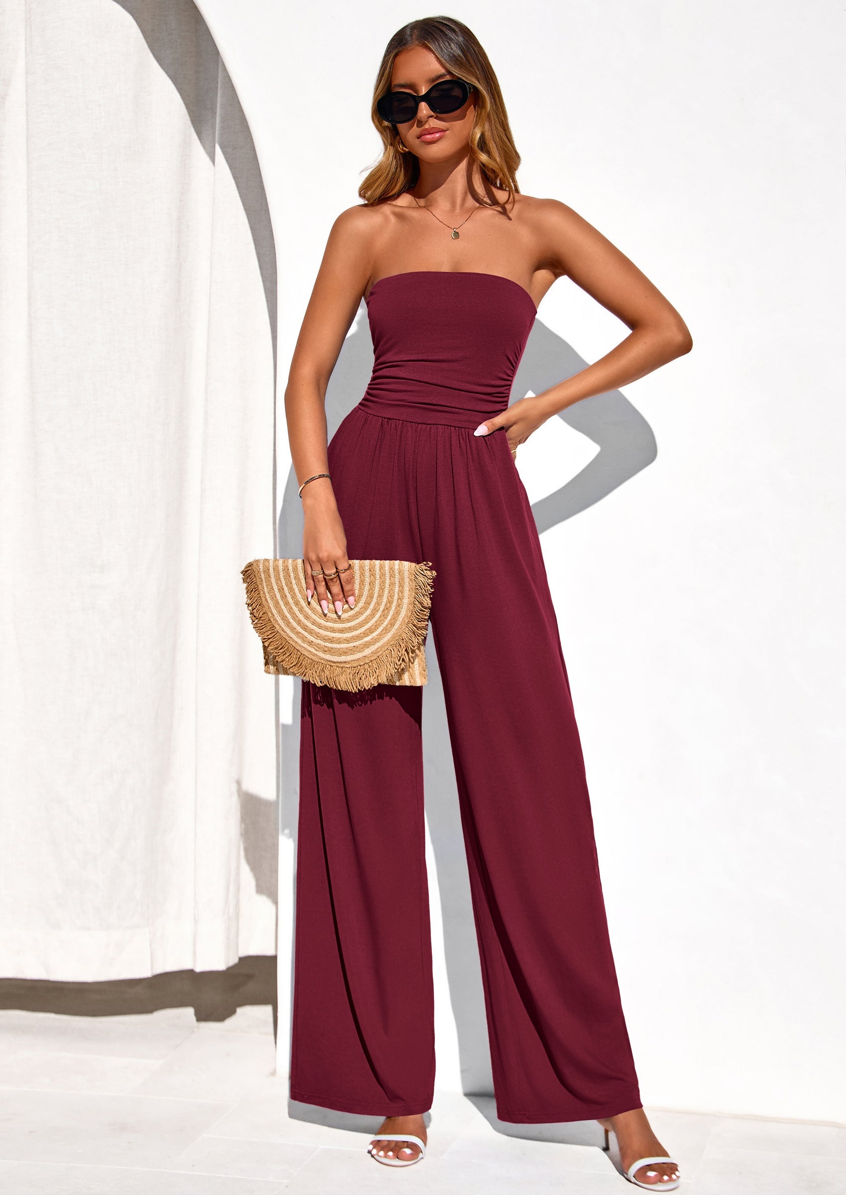 PRETTYGARDEN Womens Trendy Strapless Rompers Ruched Tube Top Wide Leg One Piece Jumpsuits Beach Vacation Summer Outfits PRETTYGARDEN