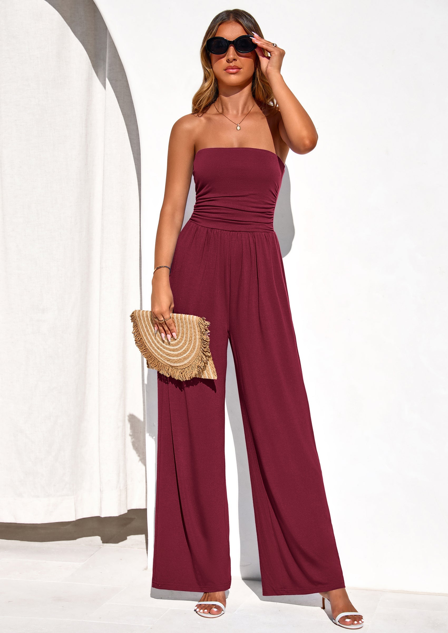 PRETTYGARDEN Womens Trendy Strapless Rompers Ruched Tube Top Wide Leg One Piece Jumpsuits Beach Vacation Summer Outfits PRETTYGARDEN