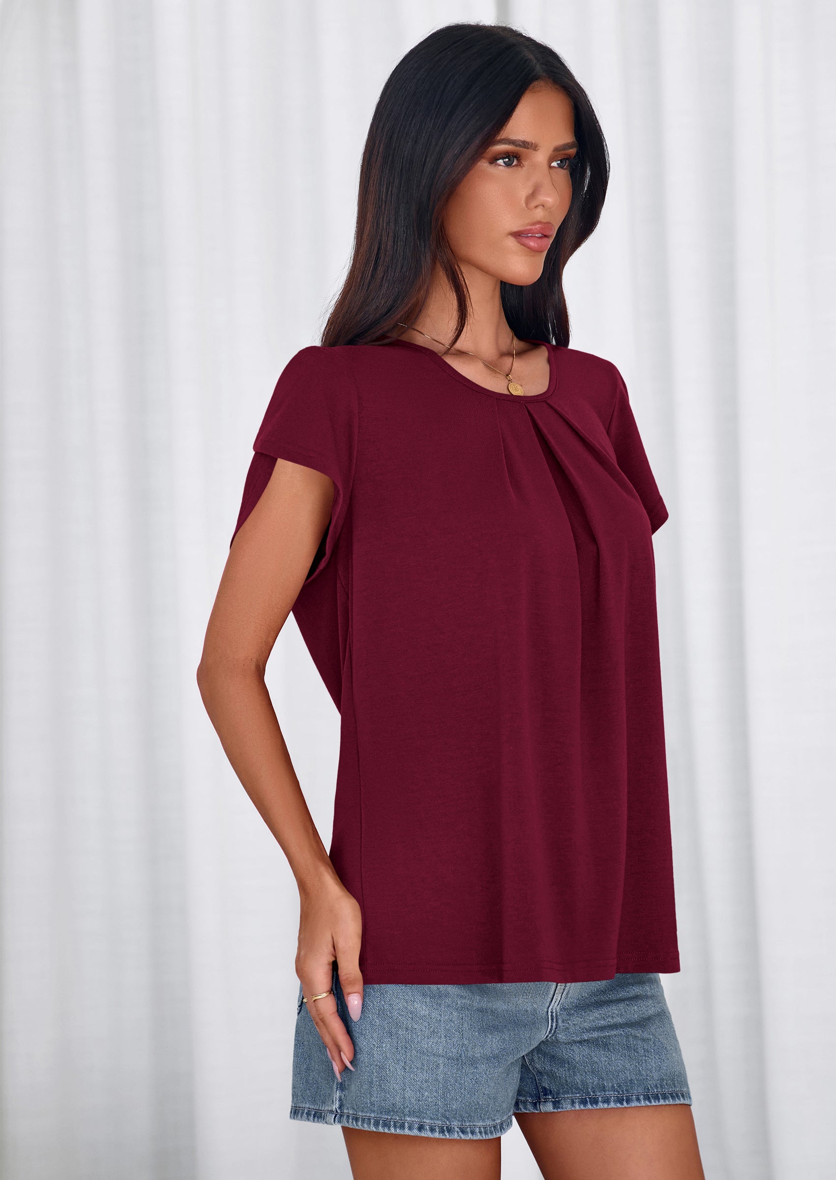 PRETTYGARDEN Summer Tops for Women Short Sleeve Crew Neck Pleated T Shirts Dressy Casual Blouses Spring Fashion Clothes PRETTYGARDEN