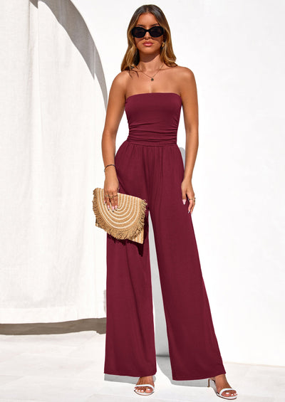 PRETTYGARDEN Womens Trendy Strapless Rompers Ruched Tube Top Wide Leg One Piece Jumpsuits Beach Vacation Summer Outfits PRETTYGARDEN
