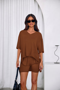 PRETTYGARDEN 2 Piece Sets for Women Summer Lounge Short Set Spring Matching Biker Shorts V Neck Oversized Shirt Clothing PRETTYGARDEN