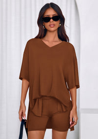 PRETTYGARDEN 2 Piece Sets for Women Summer Lounge Short Set Spring Matching Biker Shorts V Neck Oversized Shirt Clothing PRETTYGARDEN