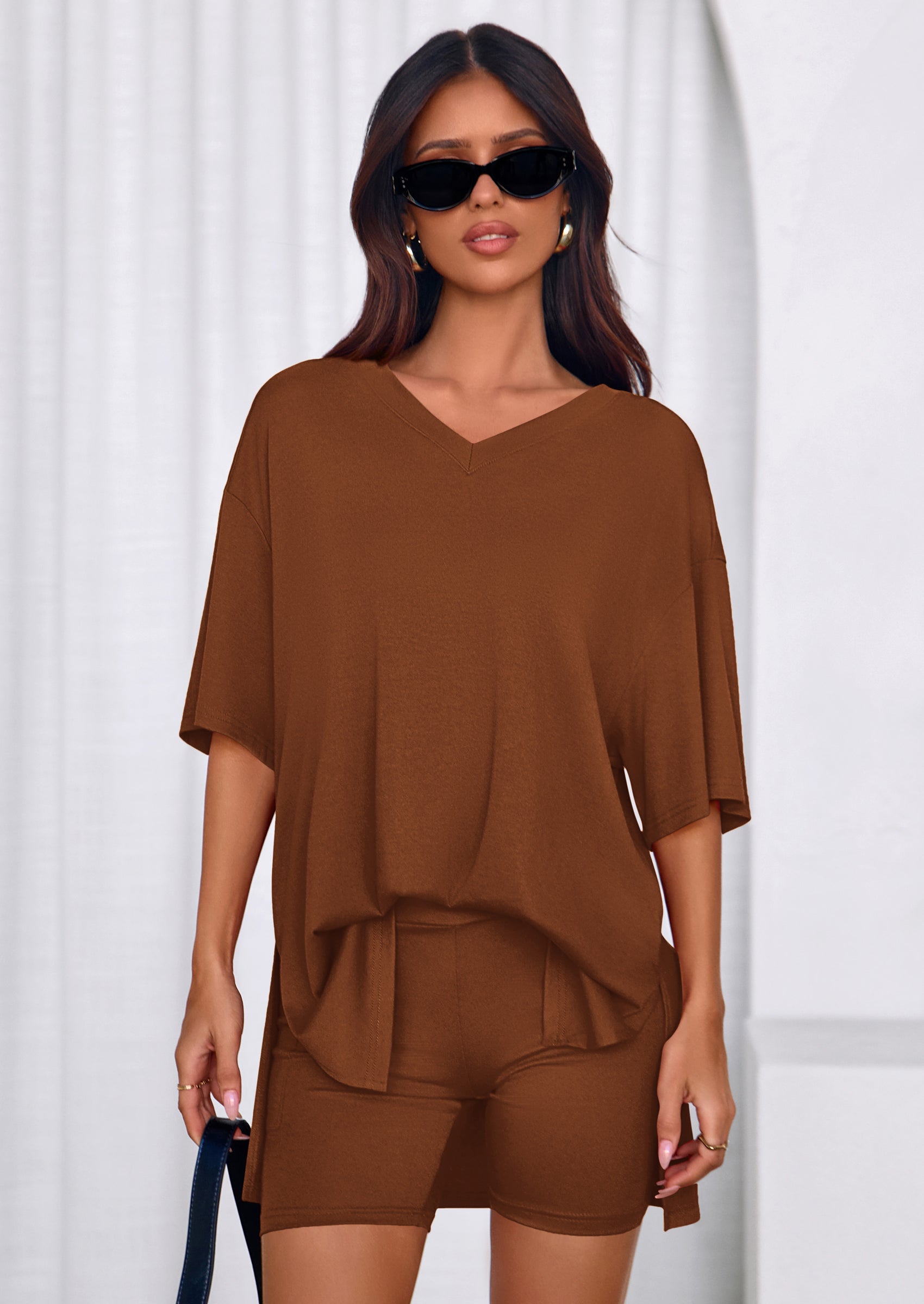 PRETTYGARDEN 2 Piece Sets for Women Summer Lounge Short Set Spring Matching Biker Shorts V Neck Oversized Shirt Clothing PRETTYGARDEN