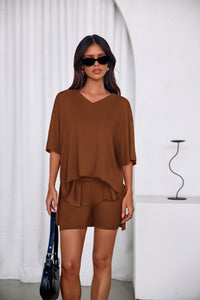 PRETTYGARDEN 2 Piece Sets for Women Summer Lounge Short Set Spring Matching Biker Shorts V Neck Oversized Shirt Clothing PRETTYGARDEN