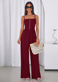 PRETTYGARDEN Jumpsuits for Women Summer Sleeveless Smocked Button Wide Leg Rompers Spring Travel One Piece Outfits PRETTYGARDEN