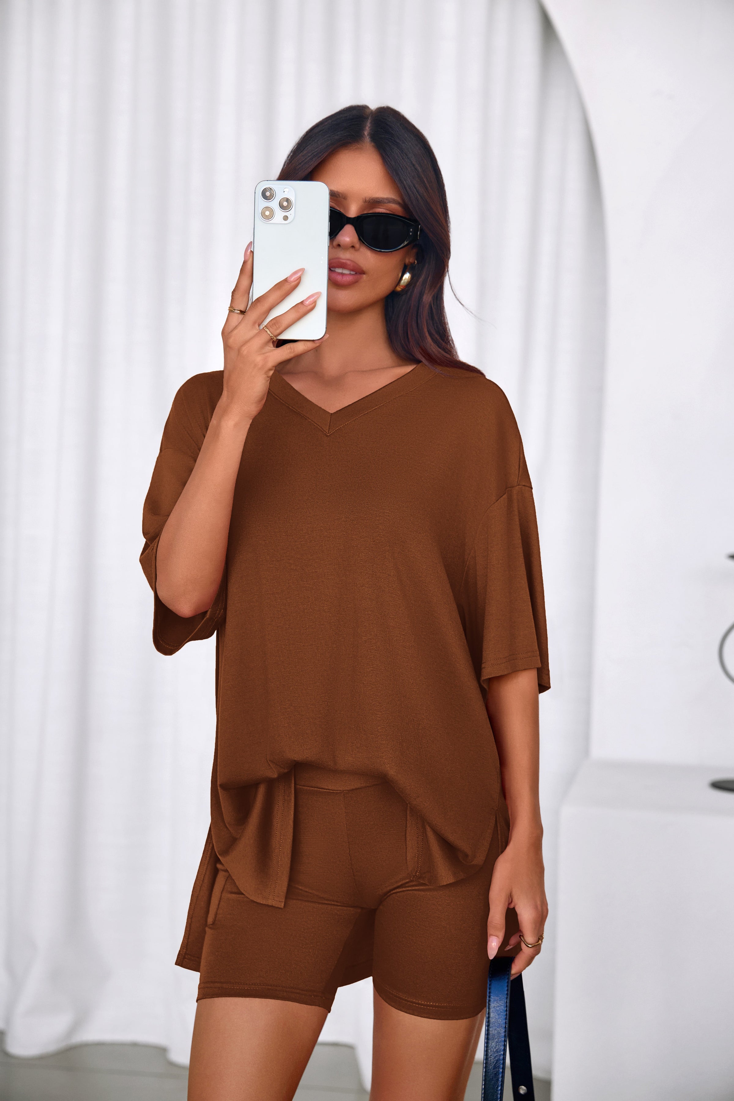 PRETTYGARDEN 2 Piece Sets for Women Summer Lounge Short Set Spring Matching Biker Shorts V Neck Oversized Shirt Clothing PRETTYGARDEN